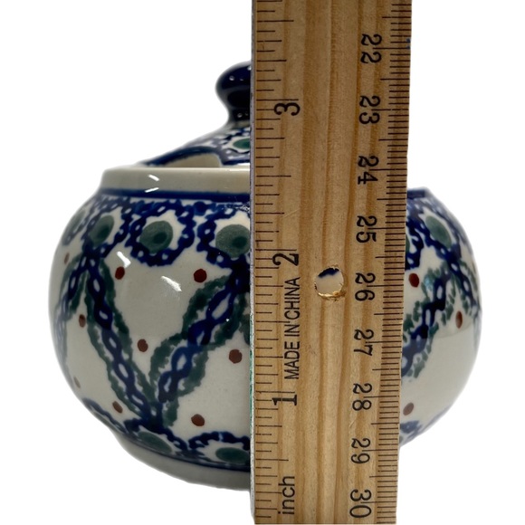 EUC Boleslawiec Polish Pottery Lidded Sugar Bowl-Blue Braided Chain Grn. 10 Oz. - Picture 4 of 9